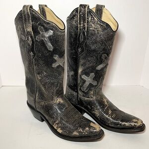 NWT Old West Black Grey Distressed Cross Leather Boots Sz 6 Concert Western